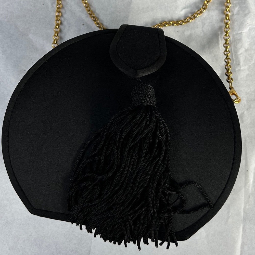 Black satin evening bag with tassel, Round shape